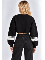 Malibu Baskılı Rahat Kesim Bisiklet Yaka Crop Sweatshirt- Siyah