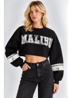 Malibu Baskılı Rahat Kesim Bisiklet Yaka Crop Sweatshirt- Siyah