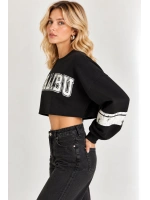 Malibu Baskılı Rahat Kesim Bisiklet Yaka Crop Sweatshirt- Siyah