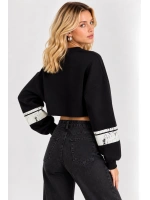 Malibu Baskılı Rahat Kesim Bisiklet Yaka Crop Sweatshirt- Siyah