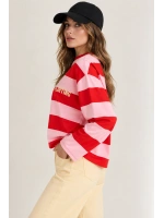 Oversize Bisiklet Yaka Ön Arka Baskılı Çizgili Kadın Sweatshirt (Flirting Model) - Pembe-Kırmızı