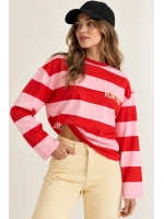 Oversize Bisiklet Yaka Ön Arka Baskılı Çizgili Kadın Sweatshirt (Flirting Model) - Pembe-Kırmızı