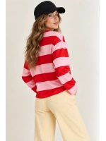 Oversize Bisiklet Yaka Ön Arka Baskılı Çizgili Kadın Sweatshirt (Flirting Model) - Pembe-Kırmızı
