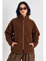Oversize Dik Yaka Biyeli Fermuarlı Cepli Teddy Peluş Ceket- - Acı Kahve