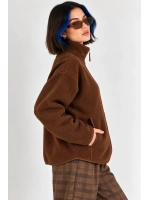 Oversize Dik Yaka Biyeli Fermuarlı Cepli Teddy Peluş Ceket- - Acı Kahve