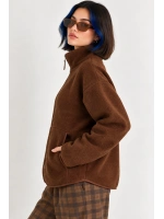 Oversize Dik Yaka Biyeli Fermuarlı Cepli Teddy Peluş Ceket- - Acı Kahve