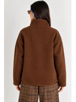 Oversize Dik Yaka Biyeli Fermuarlı Cepli Teddy Peluş Ceket- - Acı Kahve