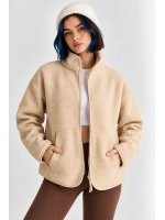 Oversize Dik Yaka Biyeli Fermuarlı Cepli Teddy Peluş Ceket- Bej