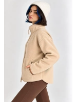 Oversize Dik Yaka Biyeli Fermuarlı Cepli Teddy Peluş Ceket- Bej