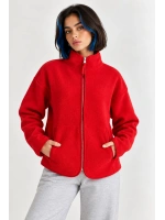 Oversize Dik Yaka Biyeli Fermuarlı Cepli Teddy Peluş Ceket- Kırmızı