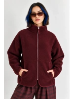 Oversize Dik Yaka Biyeli Fermuarlı Cepli Teddy Peluş Ceket- - Vişne