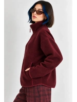 Oversize Dik Yaka Biyeli Fermuarlı Cepli Teddy Peluş Ceket- - Vişne