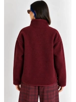 Oversize Dik Yaka Biyeli Fermuarlı Cepli Teddy Peluş Ceket- - Vişne