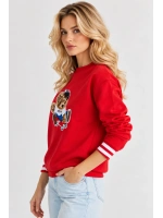 Oversize Teddy Kumaş Nakışlı Bisiklet Yaka Kadın Sweatshirt - Kırmızı
