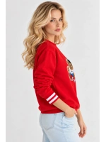 Oversize Teddy Kumaş Nakışlı Bisiklet Yaka Kadın Sweatshirt - Kırmızı