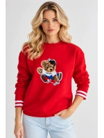 Oversize Teddy Kumaş Nakışlı Bisiklet Yaka Kadın Sweatshirt - Kırmızı