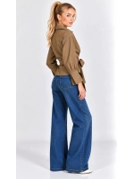 Sim Detaylı Çizgili Kruvaze Kesim Belden Bağlamalı Kadın Gömlek- Haki