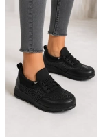 Sincere Rahat Taban Bağcıklı Taş Detaylı Kadın Sneaker Ayakkabı - Siyah