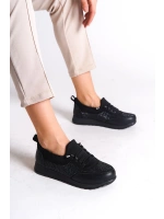 Sincere Rahat Taban Bağcıklı Taş Detaylı Kadın Sneaker Ayakkabı - Siyah
