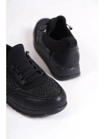 Sincere Rahat Taban Bağcıklı Taş Detaylı Kadın Sneaker Ayakkabı - Siyah