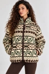Desenli Dik Yaka Cepli Biyeli Kadın Polar Sweatshirt - Krem-Yeşil