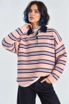 Kadın Çizgili Polo Yaka Basic Triko Kazak - Pembe