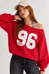 Kadın Lucky 96 Baskılı Kayık Yaka Çift Görünümlü Sweatshirt - Kırmızı