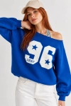 Kadın Lucky 96 Baskılı Kayık Yaka Çift Görünümlü Sweatshirt - Saks