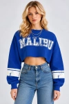 Malibu Baskılı Rahat Kesim Bisiklet Yaka Crop Sweatshirt  - Saks
