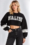Malibu Baskılı Rahat Kesim Bisiklet Yaka Crop Sweatshirt- Siyah