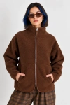 Oversize Dik Yaka Biyeli Fermuarlı Cepli Teddy Peluş Ceket- - Acı Kahve