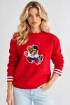 Oversize Teddy Kumaş Nakışlı Bisiklet Yaka Kadın Sweatshirt - Kırmızı