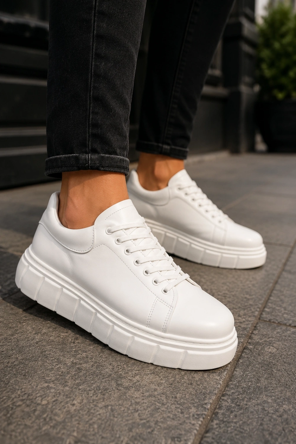 ARES Bağcıklı Cilt Erkek Günlük Sneaker Yüksek Taban Ayakkabı - Beyaz