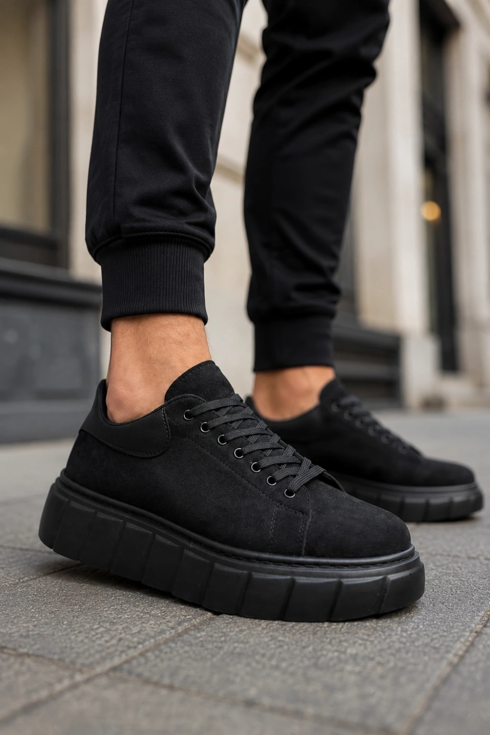 ARES Bağcıklı Süet Erkek Günlük Sneaker Yüksek Taban Ayakkabı - Siyah