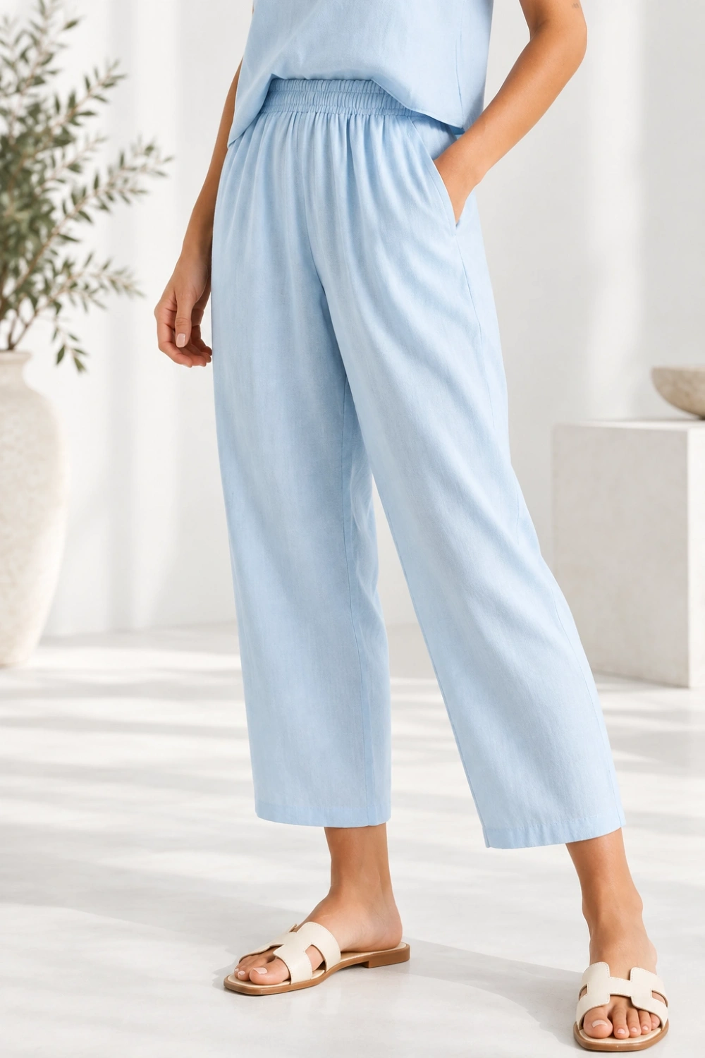 Beli Lastikli Modal Pantolon & Kalın Askılı Bluz Takımı - Bebe Mavi