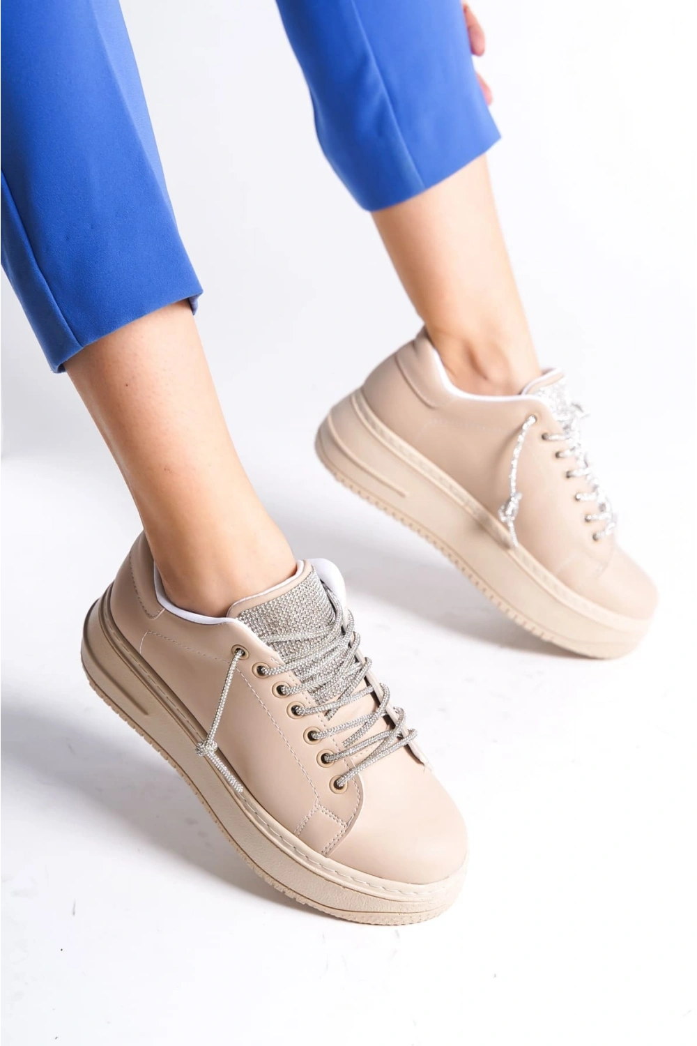 Luna Sim Detaylı Bağcıklı Kadın Günlük Sneaker Ayakkabı - Ten