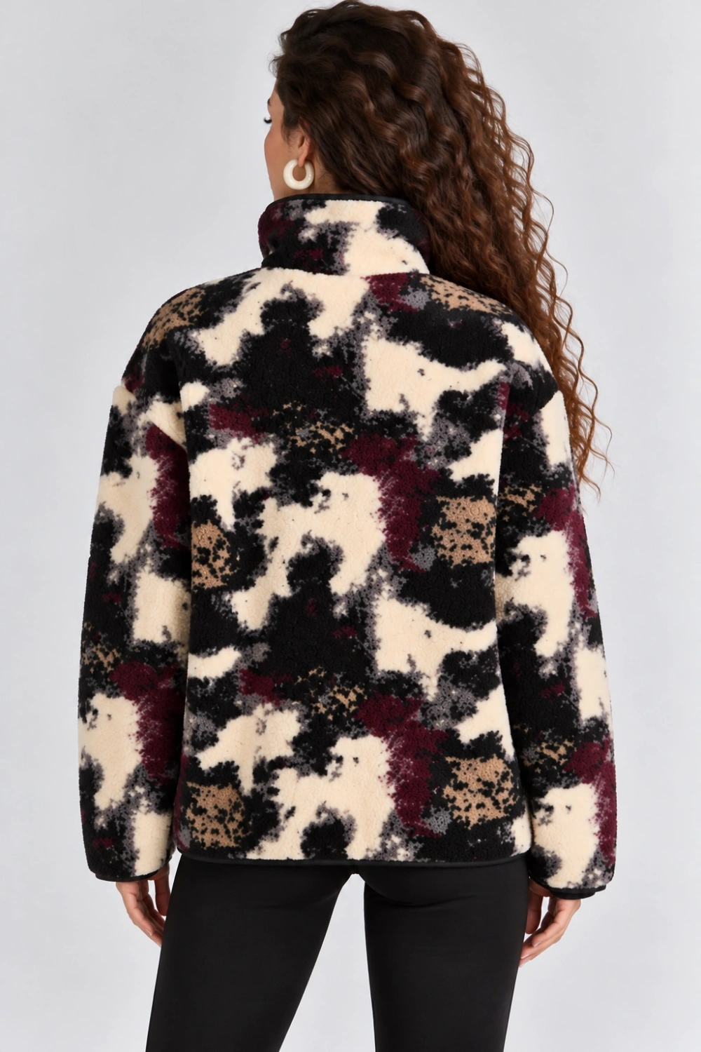Desenli Dik Yaka Cepli Biyeli Kadın Polar Sweatshirt - Siyah-Antrasit