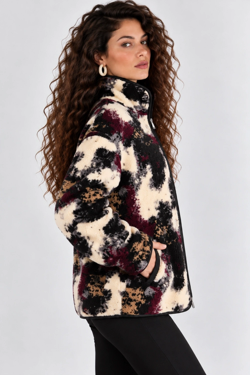 Desenli Dik Yaka Cepli Biyeli Kadın Polar Sweatshirt - Siyah-Antrasit
