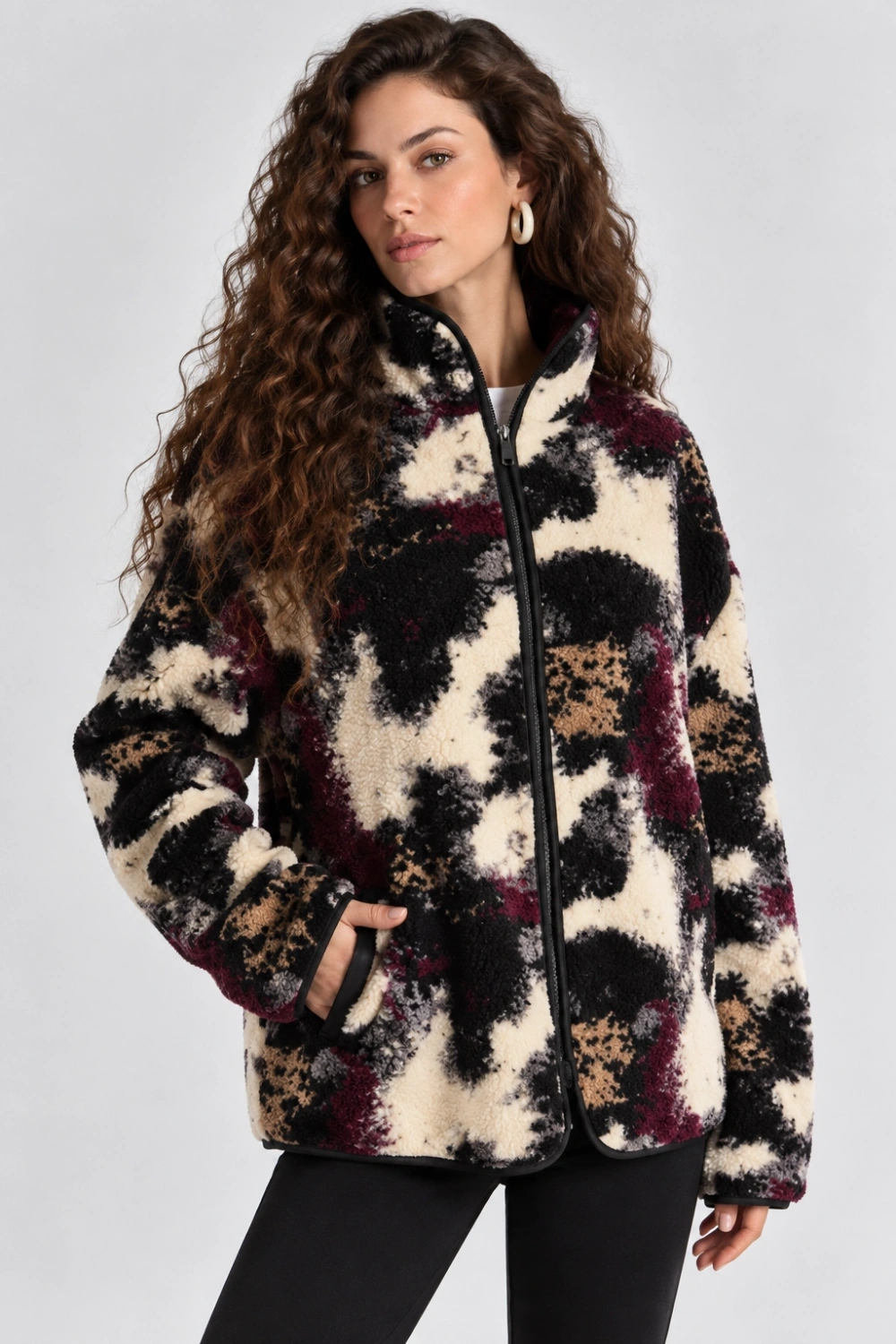 Desenli Dik Yaka Cepli Biyeli Kadın Polar Sweatshirt - Siyah-Antrasit