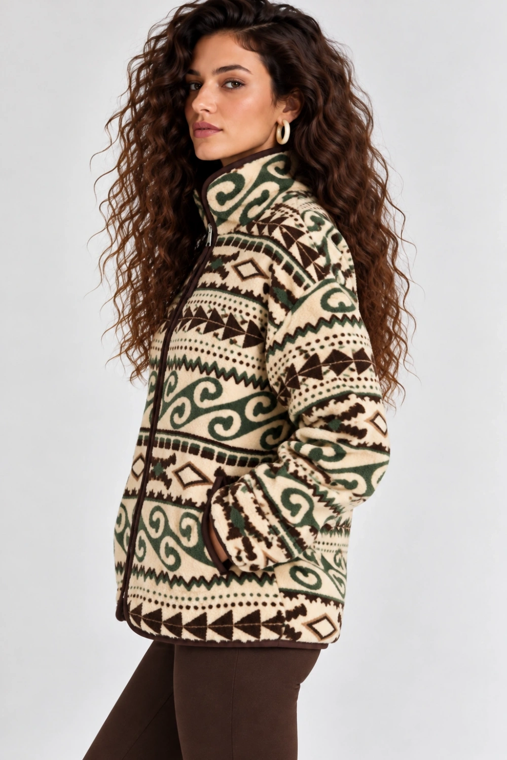Desenli Dik Yaka Cepli Biyeli Kadın Polar Sweatshirt - Krem-Yeşil