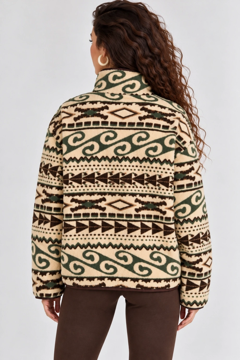 Desenli Dik Yaka Cepli Biyeli Kadın Polar Sweatshirt - Krem-Yeşil