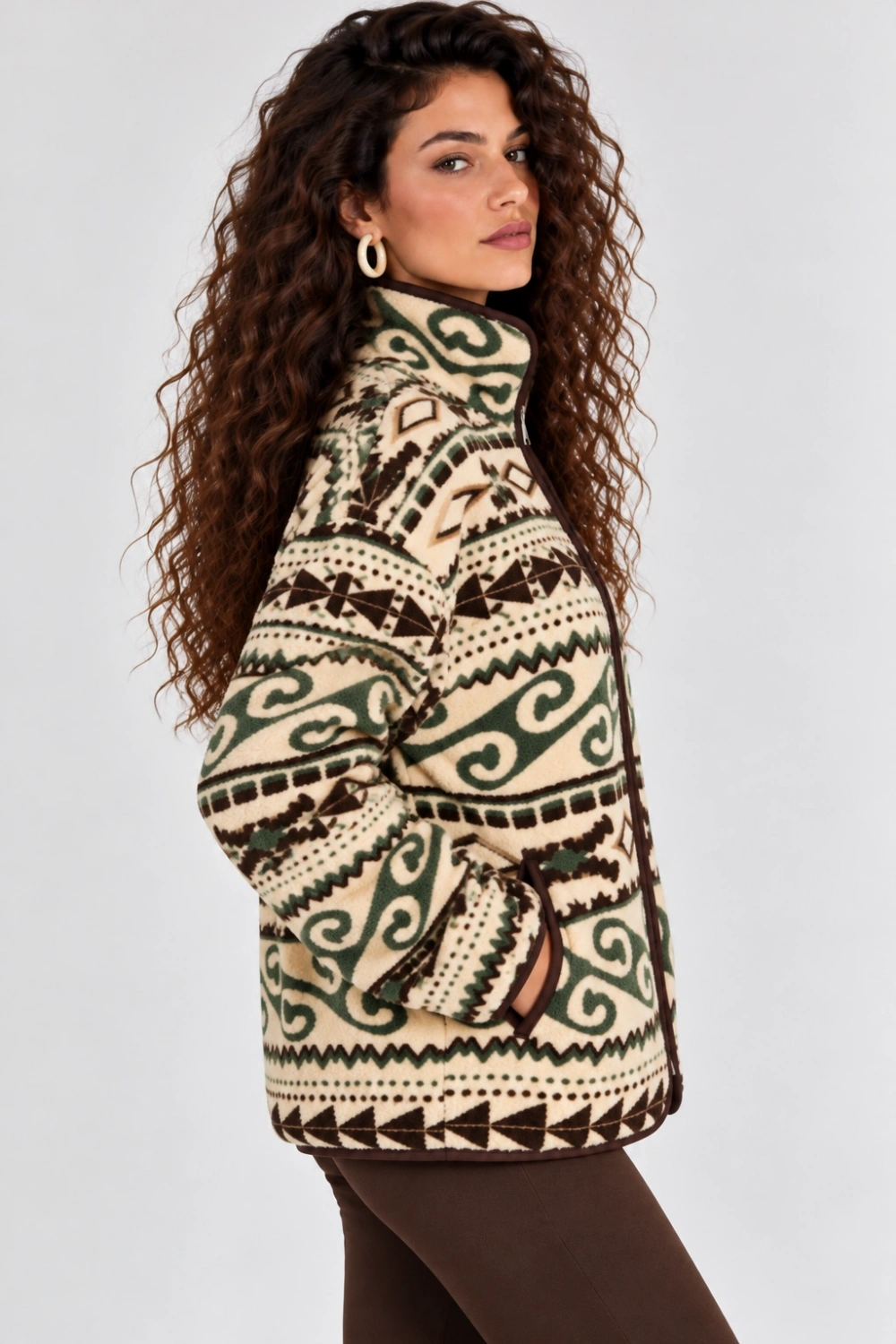 Desenli Dik Yaka Cepli Biyeli Kadın Polar Sweatshirt - Krem-Yeşil