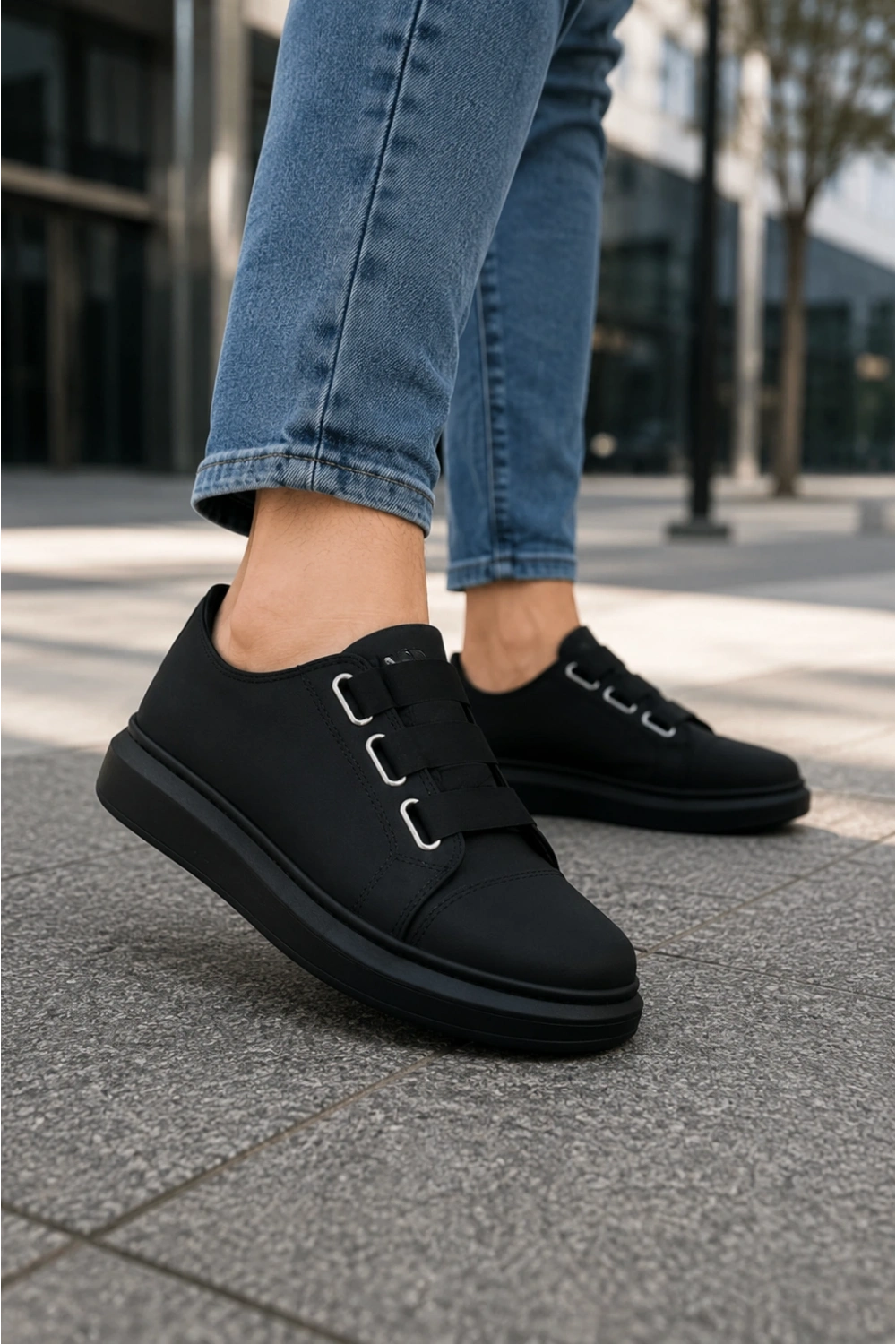 İtehe Cilt Erkek Bağcık Görünümlü Lastikli Günlük Sneaker Ayakkabı - Siyah