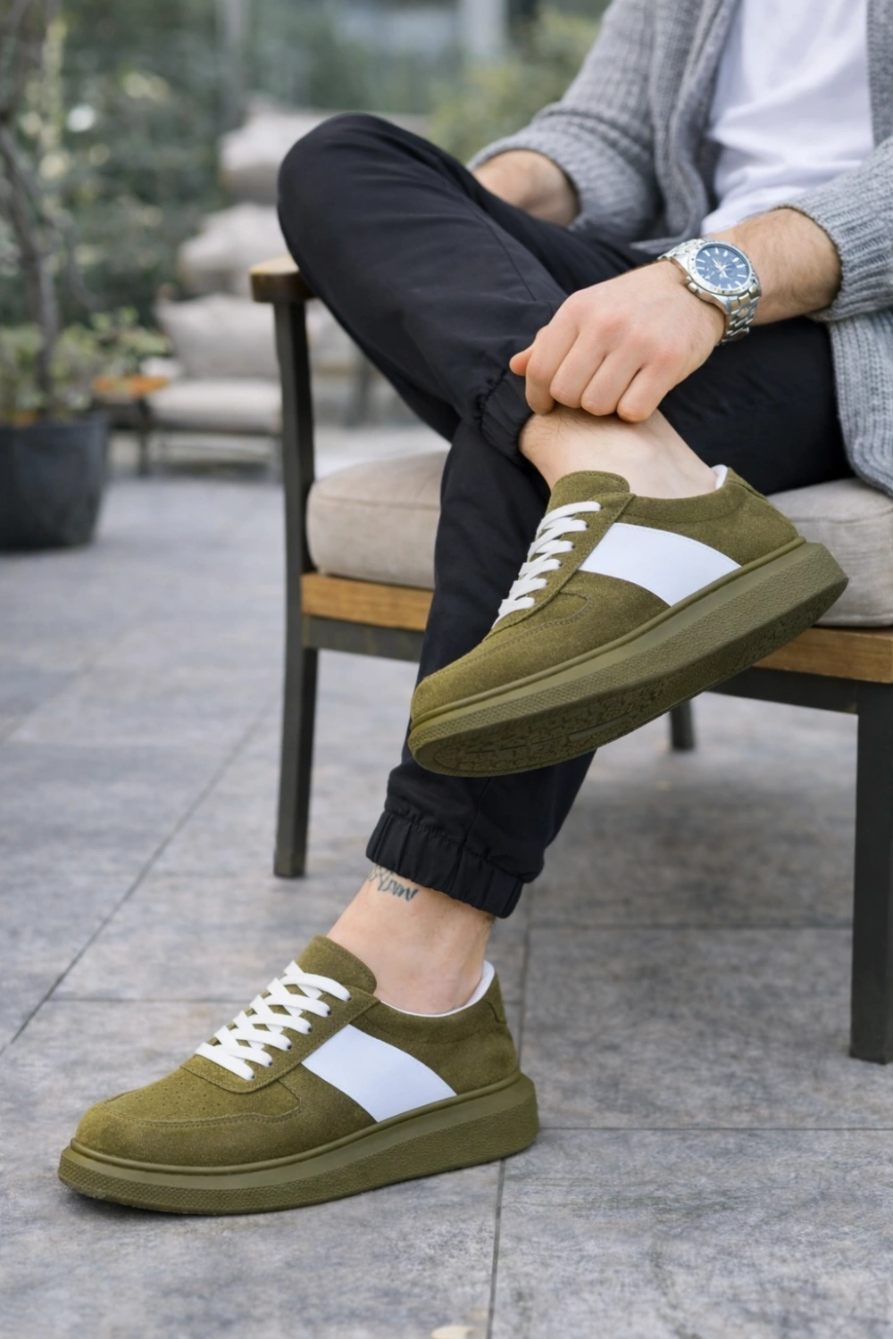 Lunex Erkek Bağcıklı Süet Günlük Spor Sneaker Ayakkabı - Haki - Beyaz