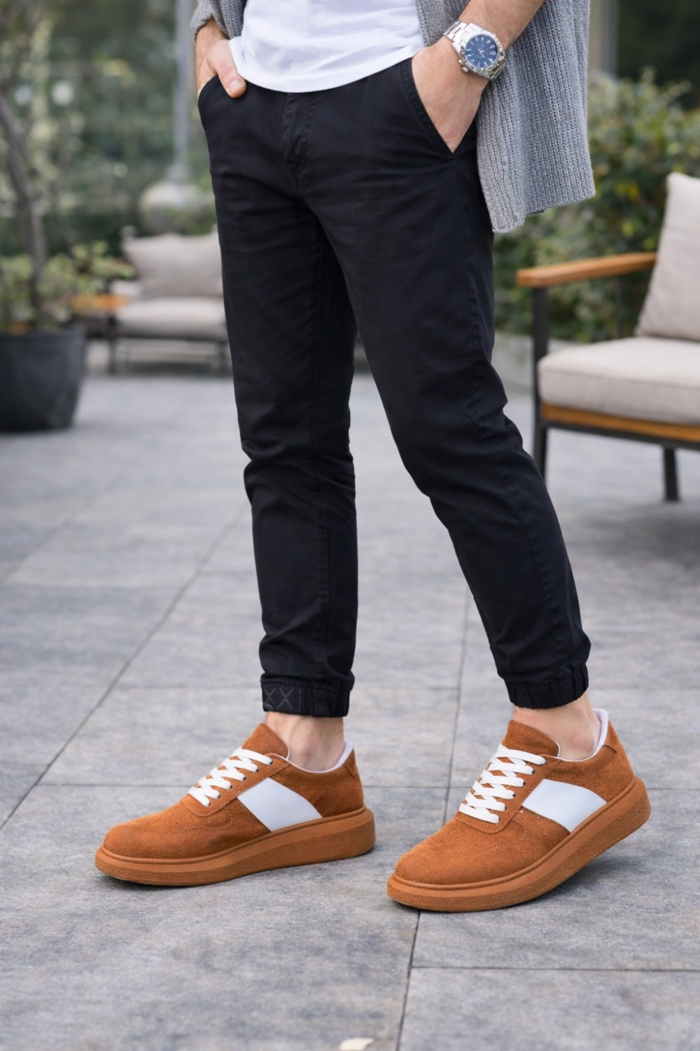 Lunex Erkek Bağcıklı Süet Günlük Spor Sneaker Ayakkabı - Taba - Beyaz