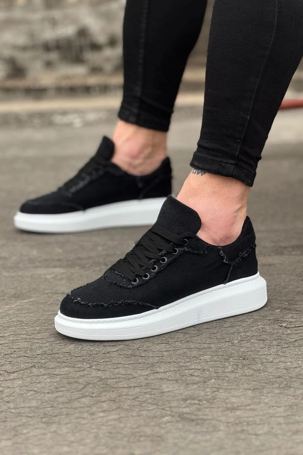 Oxed Erkek Günlük Bağcıklı Kot Kumaş Spor Sneaker Ayakkabı - Siyah