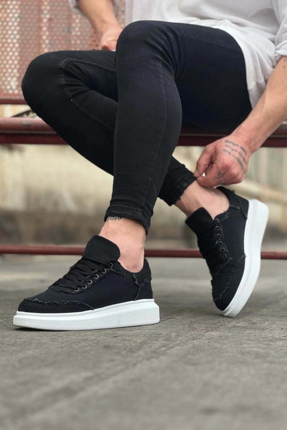 Oxed Erkek Günlük Bağcıklı Kot Kumaş Spor Sneaker Ayakkabı - Siyah