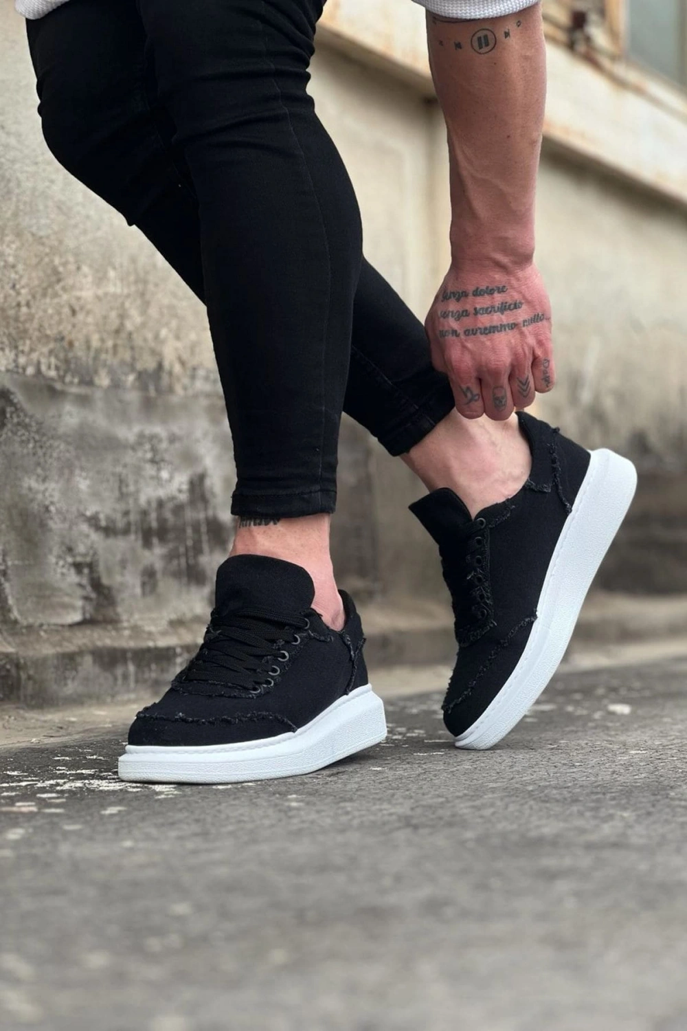 Oxed Erkek Günlük Bağcıklı Kot Kumaş Spor Sneaker Ayakkabı - Siyah