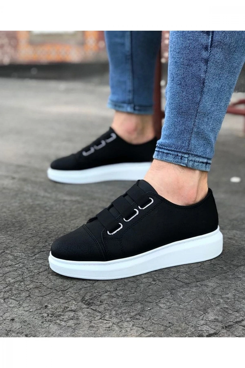 İtehe Cilt Erkek Bağcık Görünümlü Lastikli Günlük Sneaker Ayakkabı - Siyah Beyaz