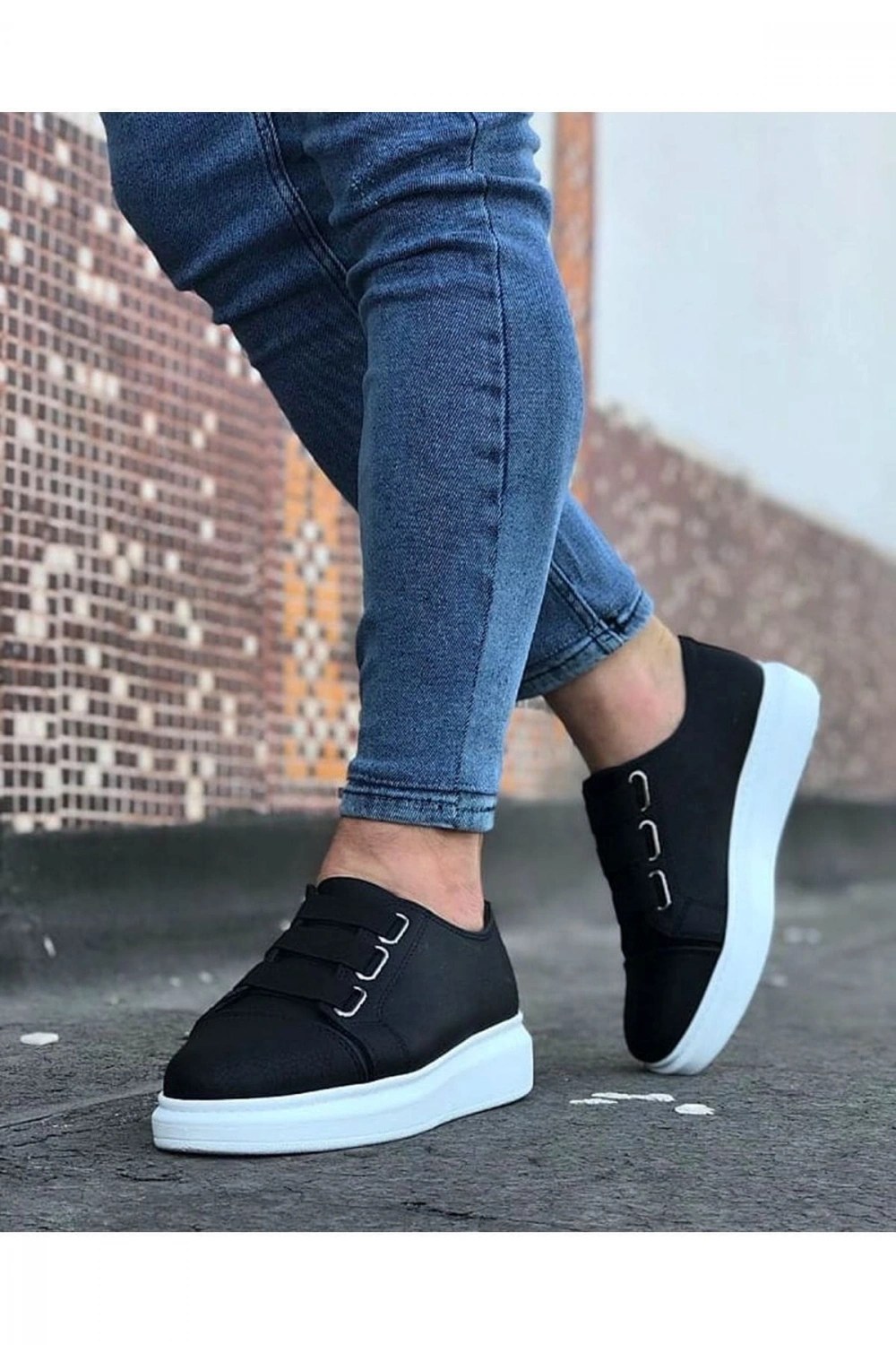 İtehe Cilt Erkek Bağcık Görünümlü Lastikli Günlük Sneaker Ayakkabı - Siyah Beyaz
